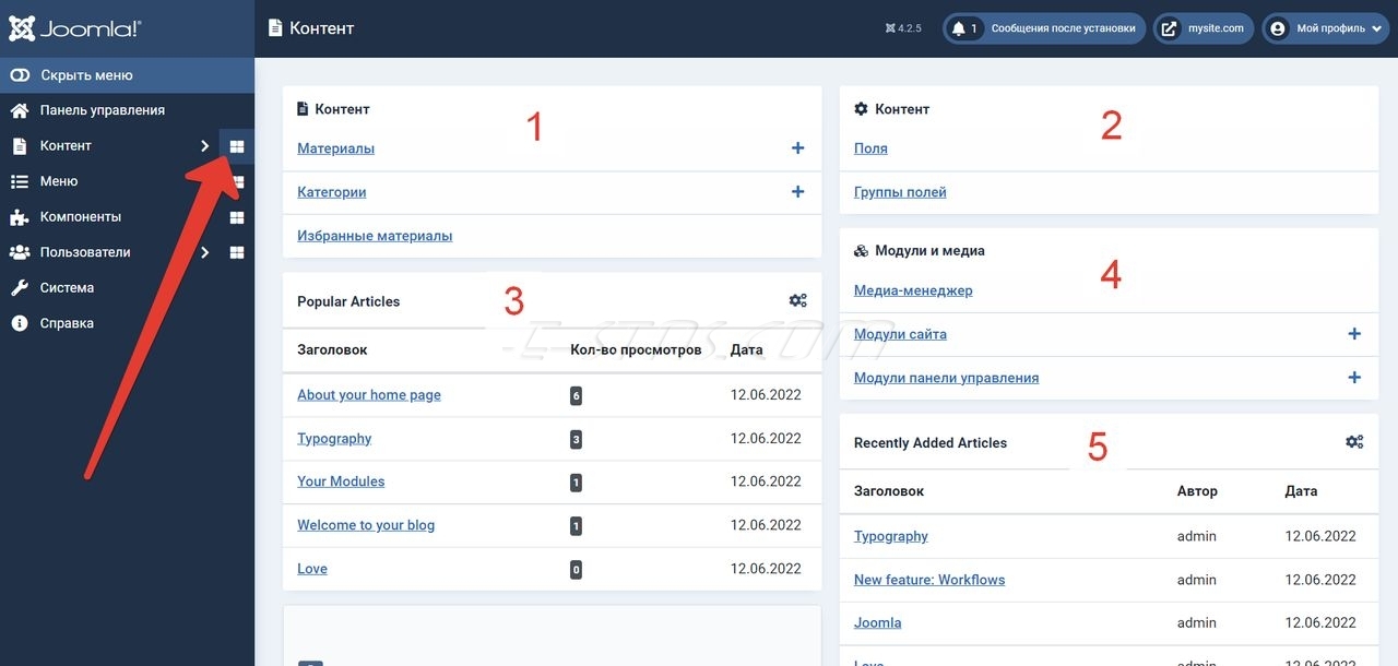 Страница «Контент» панели управления сайта на CMS Joomla 4 Страница «Контент» панели управления сайта на CMS Joomla 4