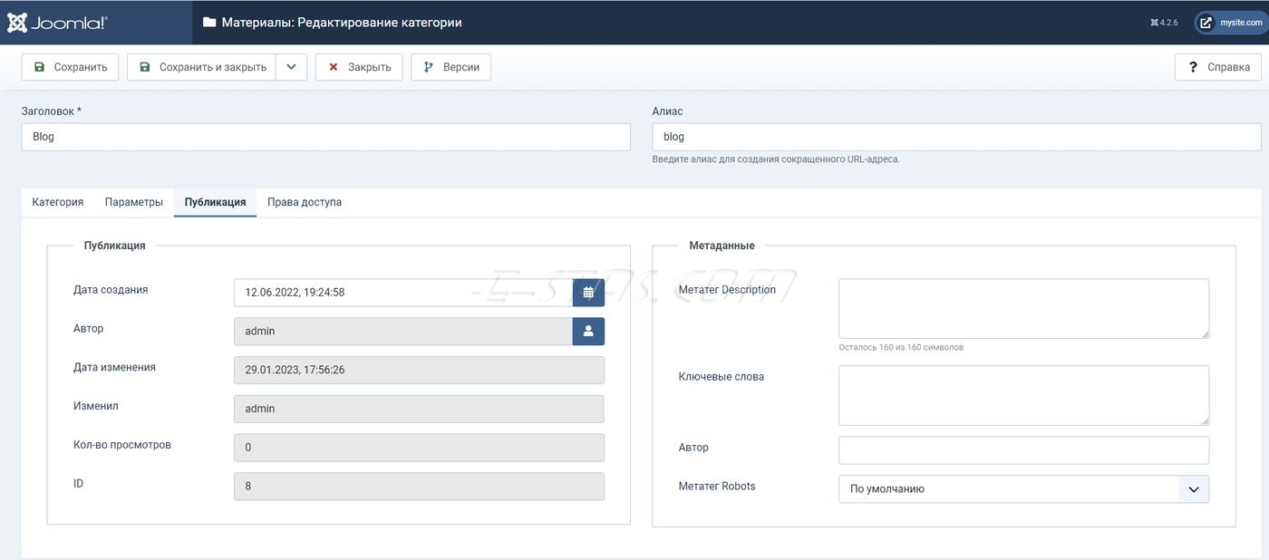 Вкладка «Публикация» формы создания/редактирования категории сайта CMS Joomla 4 Вкладка «Публикация» формы создания/редактирования категории сайта CMS Joomla 4