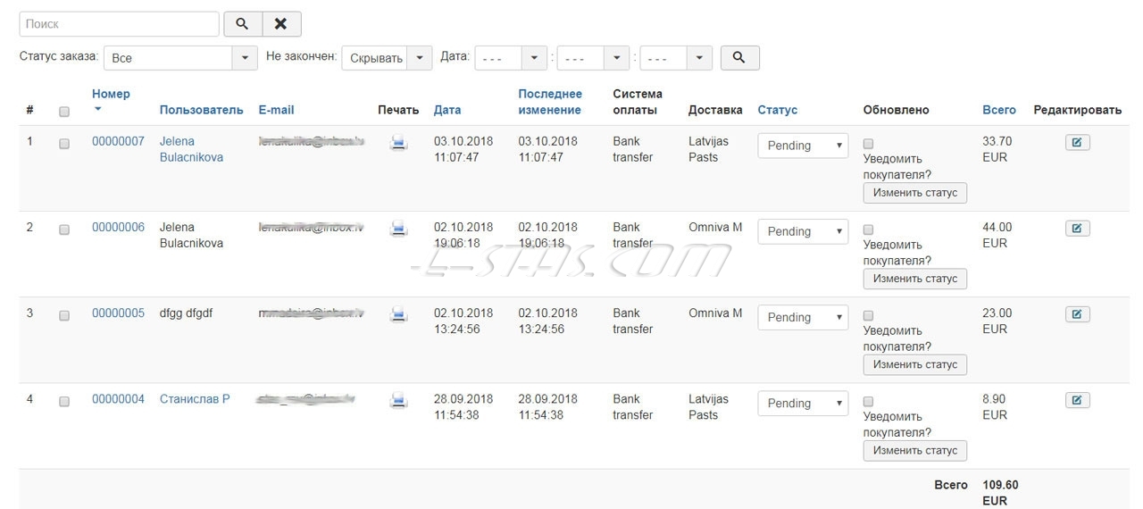 Таблица списка Заказов интернет-магазина JoomShopping. Таблица списка Заказов интернет-магазина JoomShopping.