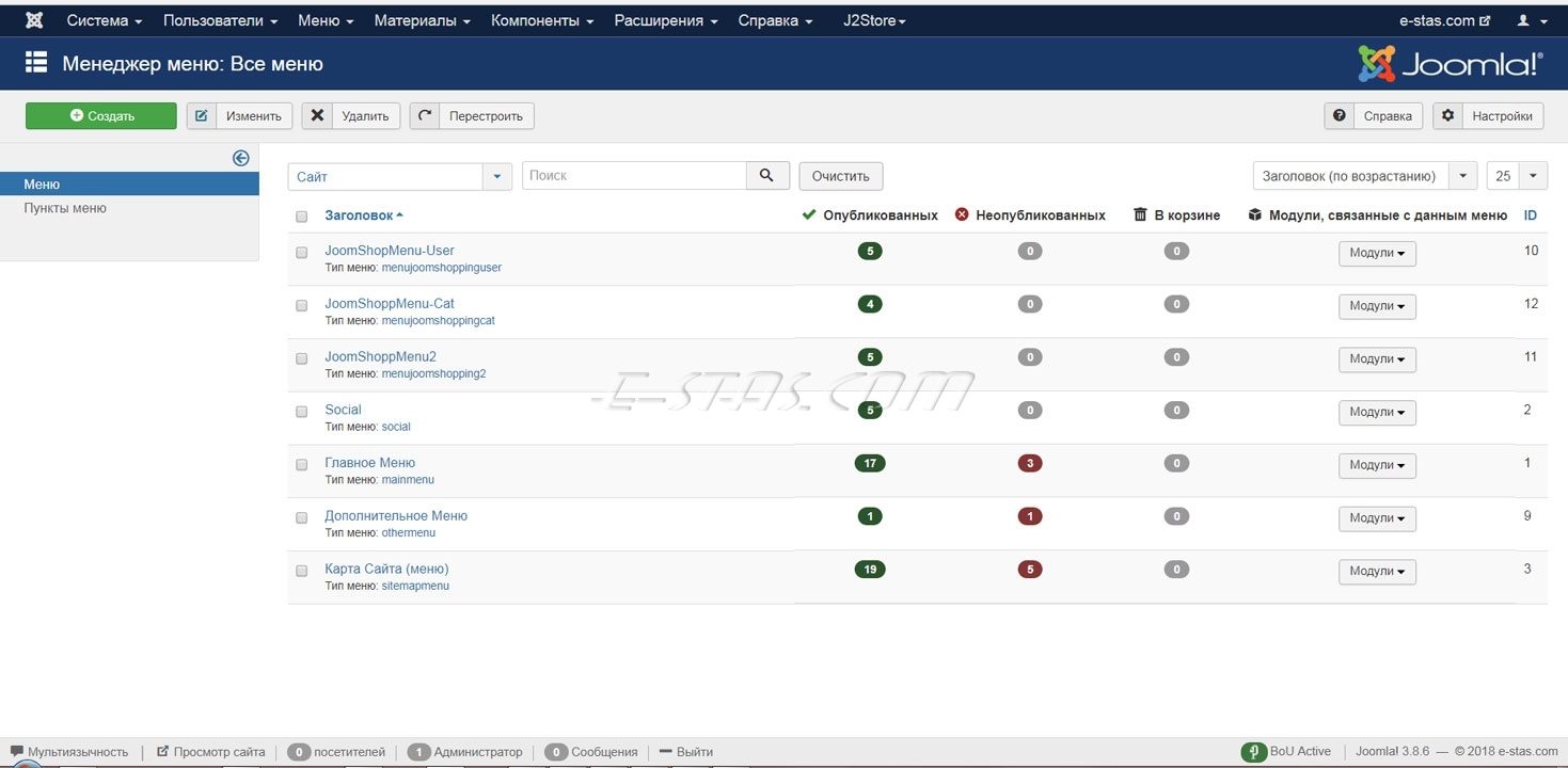«Менеджер меню: Все меню» сайта CMS Joomla «Менеджер меню: Все меню» сайта CMS Joomla